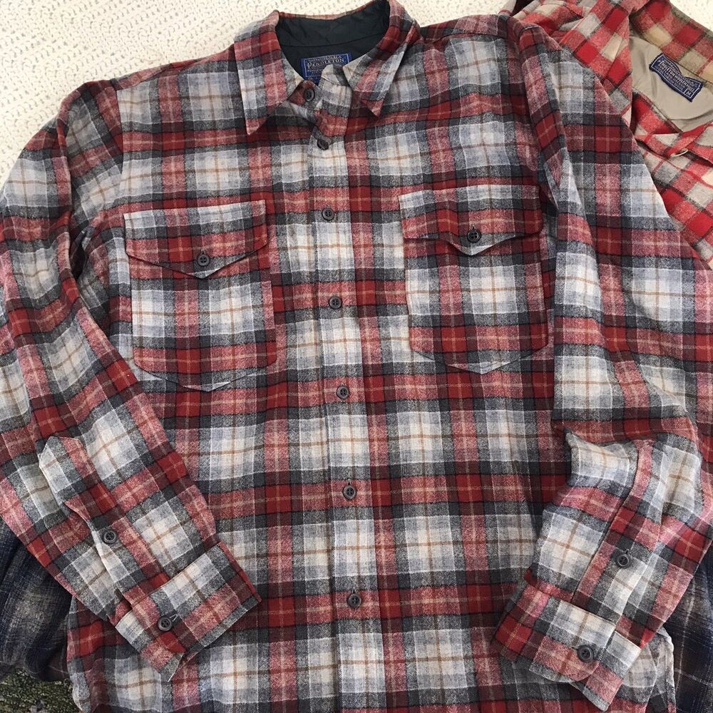 VTG Pendleton Loop Collar Board Shirt Mens Medium Wool 60s Shadow Plaid Lot Of 3 - Picture 5 of 8